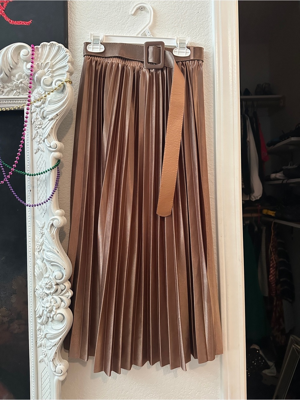 SHEIN Metallic Pleated Midi Skirt in Brown with Belt